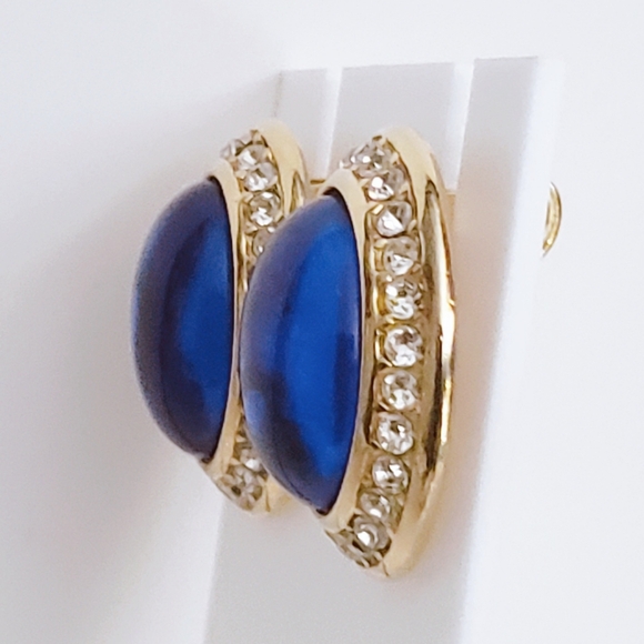 Yves Saint Laurent YSL Saphire Glass Cabachon Earrings with Rhinestone Gold Tone - Picture 3 of 7